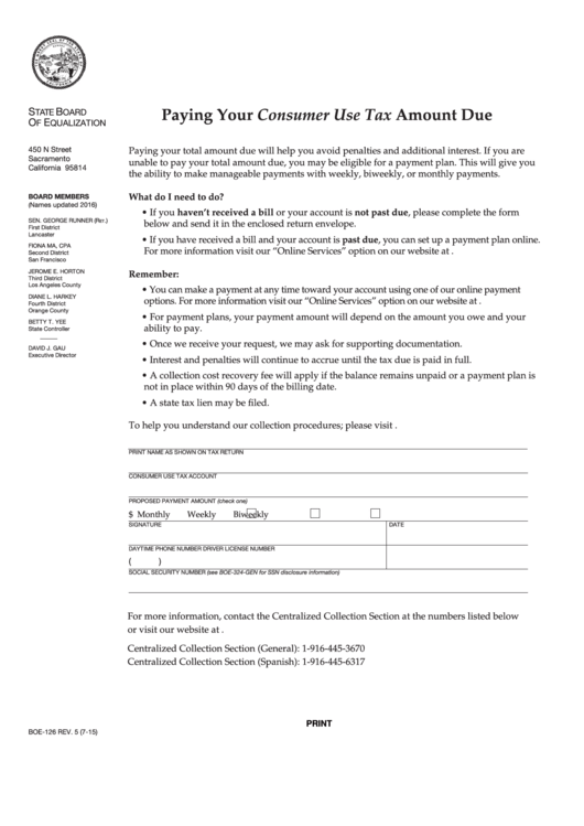 Fillable Form Boe-126 - Paying Your Consumer Use Tax Amount Due Printable pdf