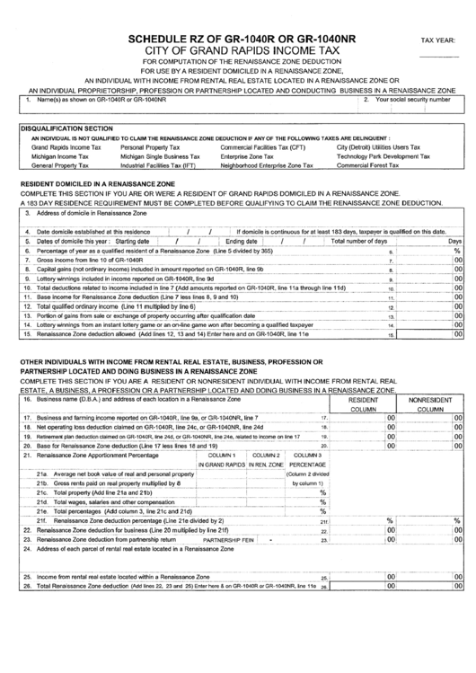 Schedule Rz Of Gr-1040r Or Gr-1040nr - City Of Grand Rapids Income Tax Printable pdf