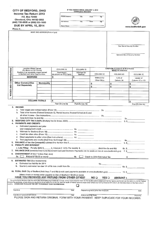 Income Tax Return - 2013 - City Of Bedford Printable pdf