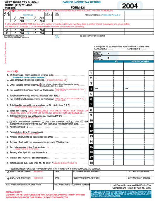 Form 531 - Earned Income Tax Return - 2004 Printable pdf