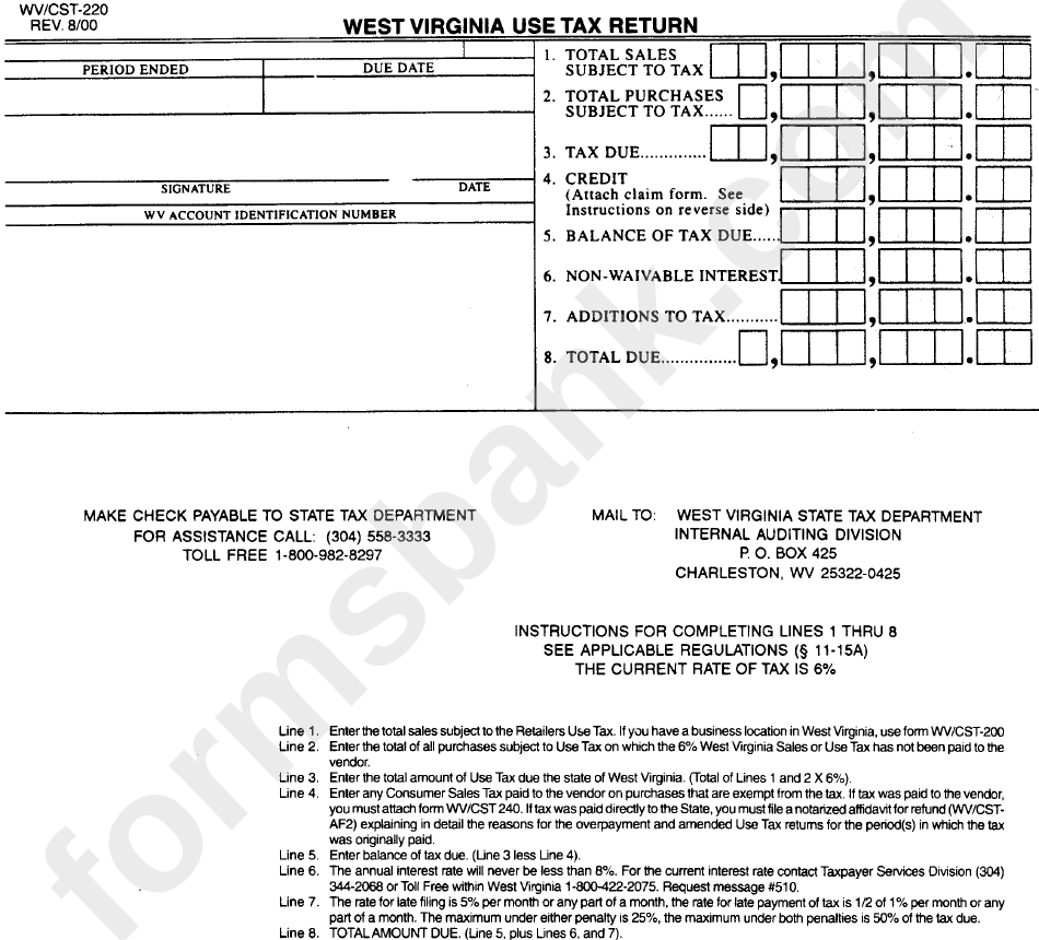 Form Wv/cst-220 - West Virginia Use Tax Return - 2000