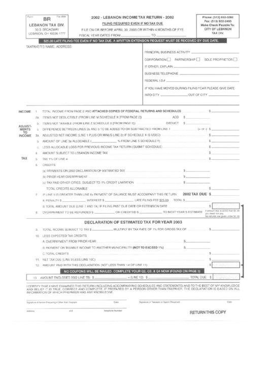 Form Br - Lebanon Income Tax Return - 2002 printable pdf download