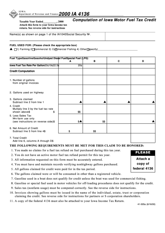 Form Ia 4136 - Computation Of Iowa Motor Fuel Tax Credit - 2000 Printable pdf