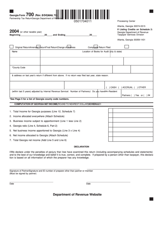 Georgia Form 700 - Partnership Tax Return - 2004 Printable pdf