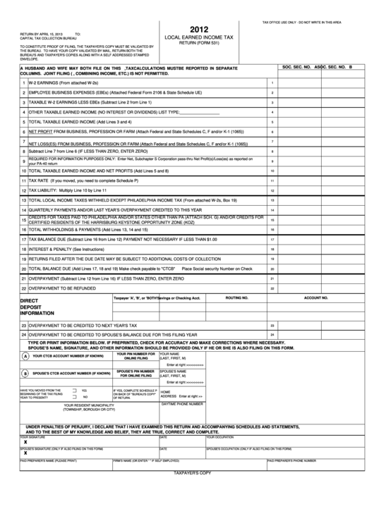 Form 531 - Local Earned Income Tax - 2012 Printable pdf
