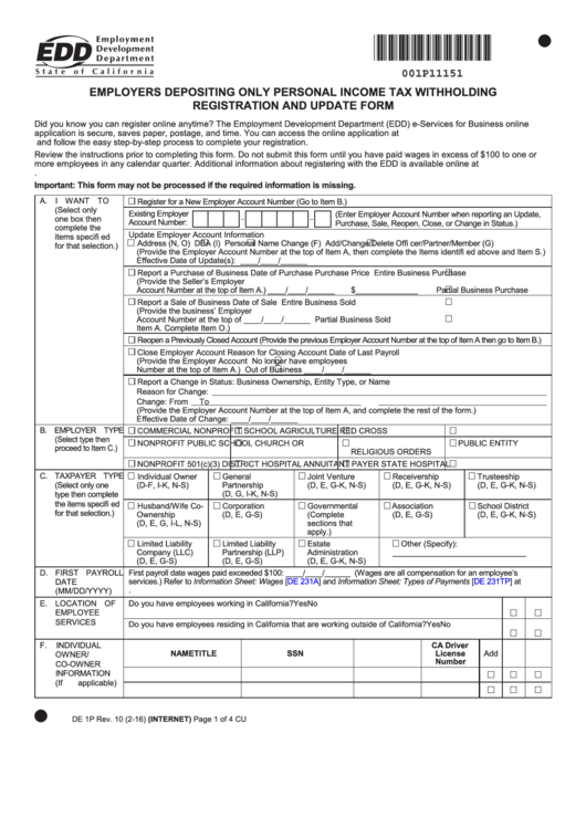Fillable Form De 1p - Employers Depositing Only Personal Income Tax Withholding Registration And Update Form - 2016 Printable pdf