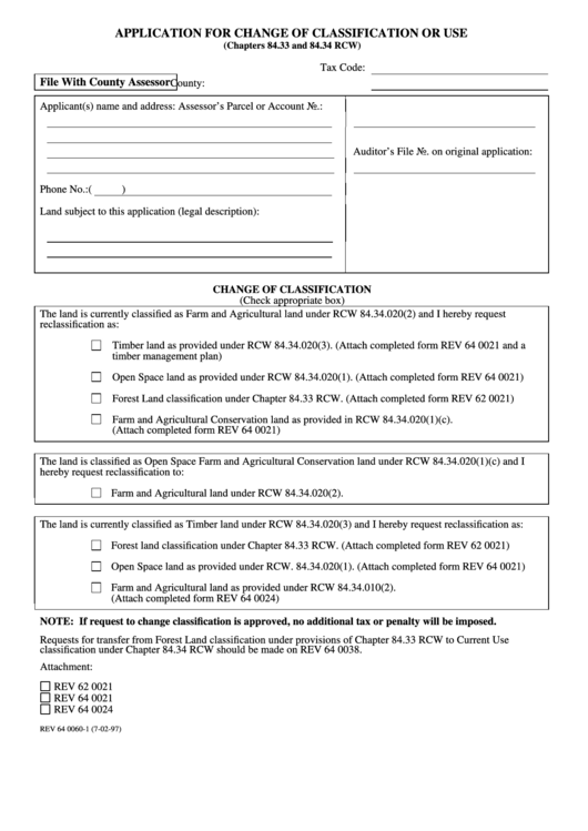 Form Rev 64 0060-1 - Application For Change Of Classification Or Use - 1997 Printable pdf