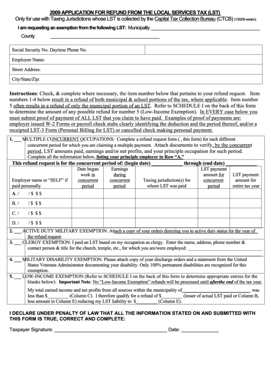 Application Form For Refund From The Local Services Tax (Lst) - 2009 Printable pdf