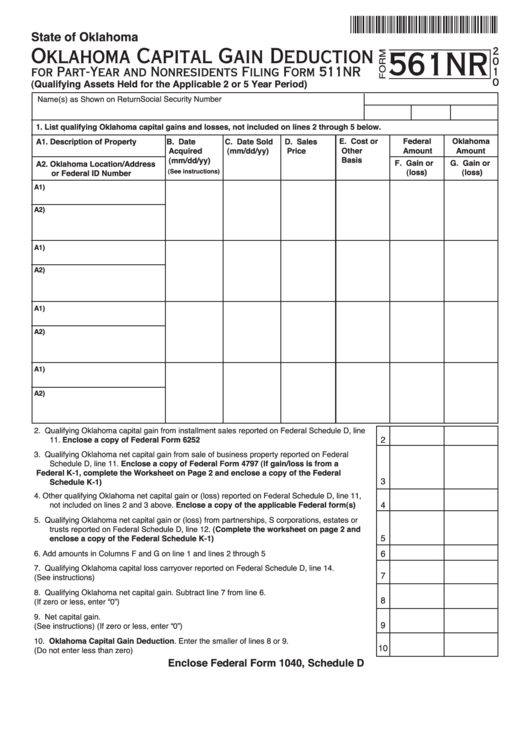 Fillable Form 561nr - Oklahoma Capital Gain Deduction - 2010 Printable pdf