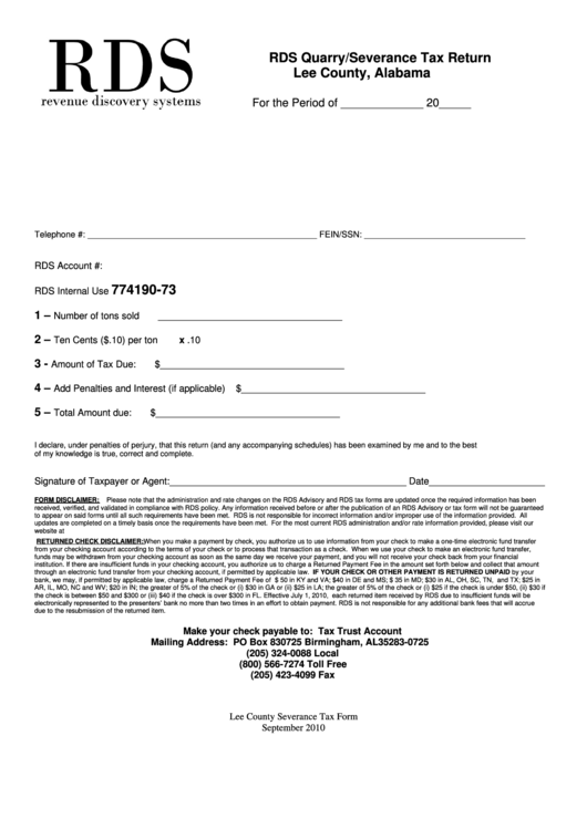 Form Rds Quarry Form/severance Tax Return Lee County, Alabama printable
