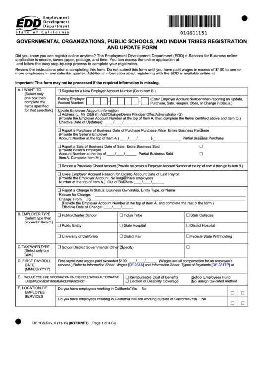 Fillable Form De 1gs - Governmental Organizations, Public Schools, And Indian Tribes Registration And Update Form - 2015 Printable pdf