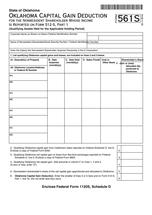 Fillable Form 561s - Oklahoma Capital Gain Deduction For The Nonresident Shareholder - 2010 Printable pdf