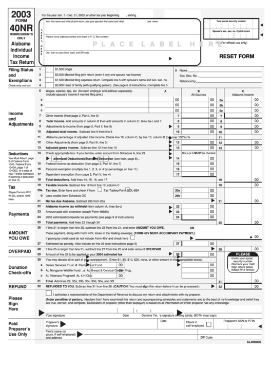 Fillable Form 40nr - Alabama Individual Income Tax Return - 2003 Printable pdf