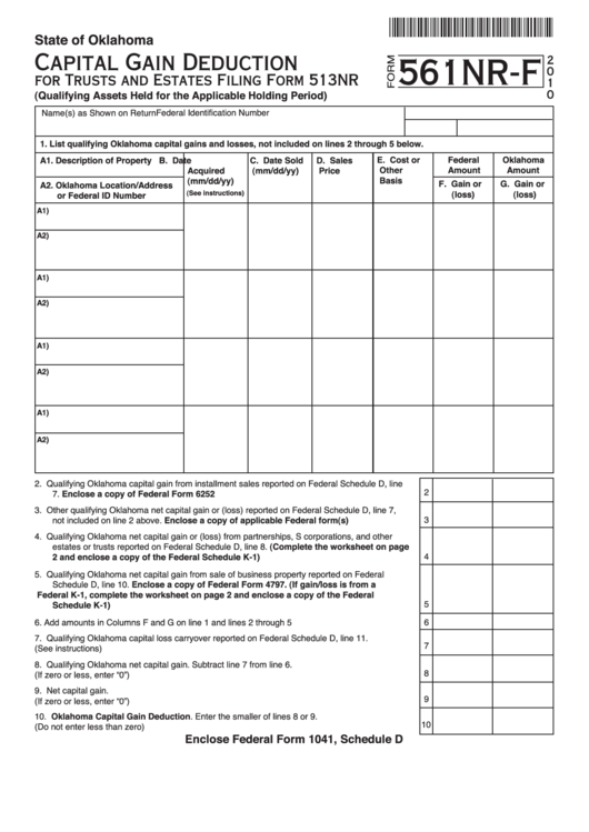 Fillable Form 561nr-F - Capital Gain Deduction For Trusts And Estates - 2010 Printable pdf