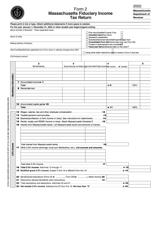 Form 2 - Massachusetts Fiduciary Income Tax Return - 2002 Printable pdf