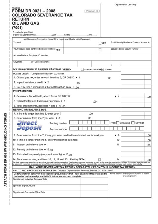 Form Dr 0021 - Colorado Severance Tax Return Oil And Gas - 2008 Printable pdf
