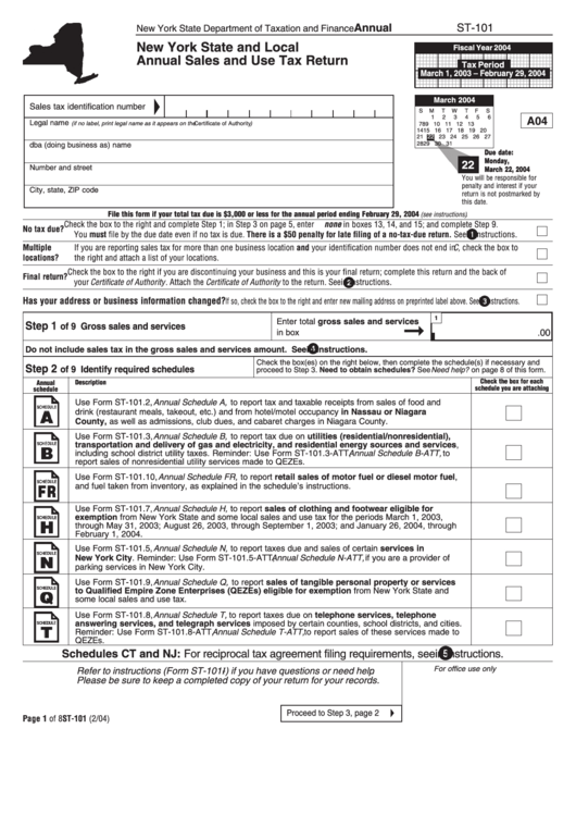 Form St-101 - New York State And Local Annual Sales And Use Tax Return Printable pdf