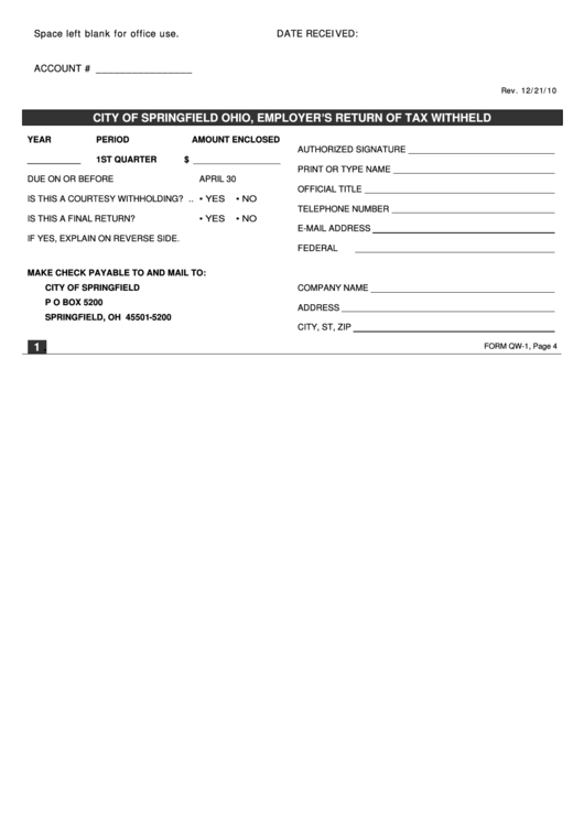 Employer S Return Of Tax Withheld - City Of Springfield - State Of Ohio Printable pdf