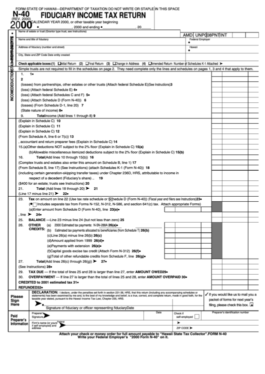 Form N-40 - Fiduciary Income Tax Return - 2000 Printable pdf