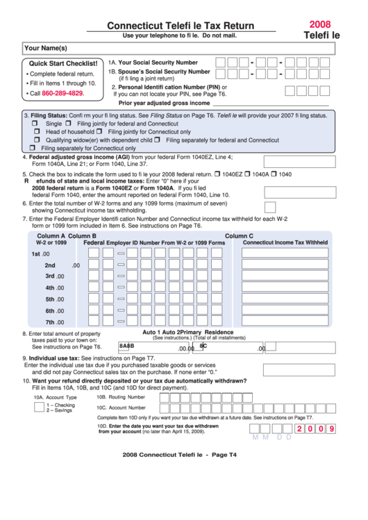 Connecticut Telefile Tax Return - 2008 Printable pdf