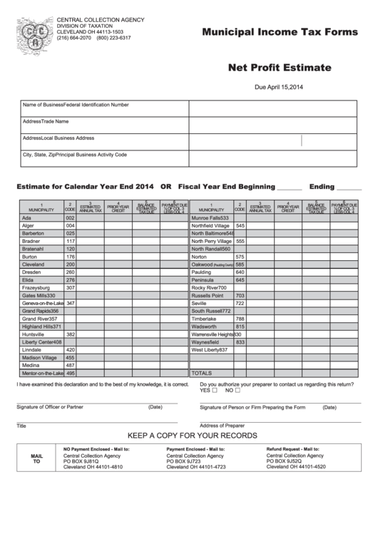 Net Profit Estimate - Central Collection Agency Division Of Taxation Printable pdf