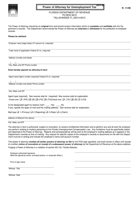 Form Uct-62 - Power Of Attorney For Unemployment Tax Printable pdf