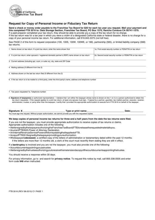 Fillable Form Ftb 3516 - Request For Copy Of Personal Income Or Fiduciary Tax Return Printable pdf