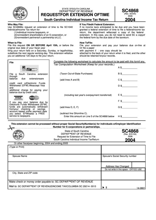 Form Sc4868 - Request For Extension Of Time To File South Carolina Individual Income Tax Return - 2004 Printable pdf