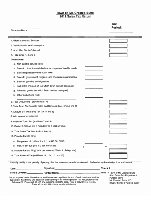 Sales Tax Return - Town Of Mt. Crested Butte - 2011 Printable pdf