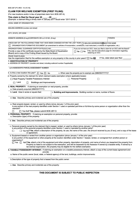 Fillable Form Boe 267 Claim For Welfare Exemption First Filing 