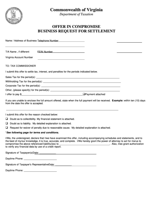 Offer In Compromise Business Request For Settlement - State Of Virginia Printable pdf