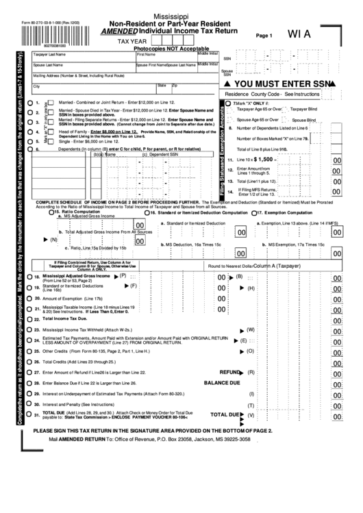 Form Wi A - Non-Resident Or Part-Year Resident Individual Income Tax Return - State Of Mississippi Printable pdf