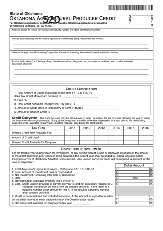 Fillable Form 520 - Oklahoma Agricultural Producer Credit - 2010 Printable pdf