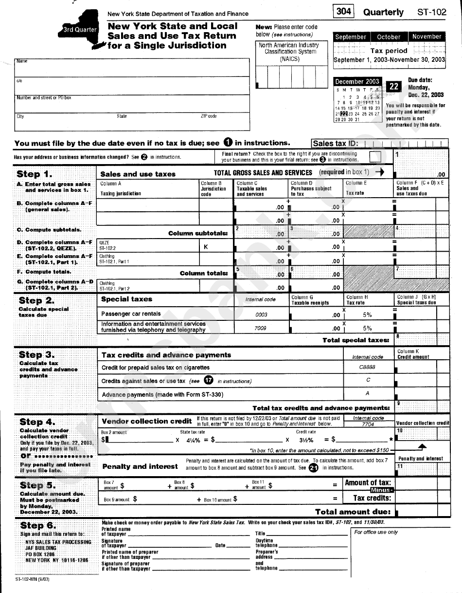 Form St-102 - New York State And Local Sales And Use Tax Return For A Single Jurisdiction