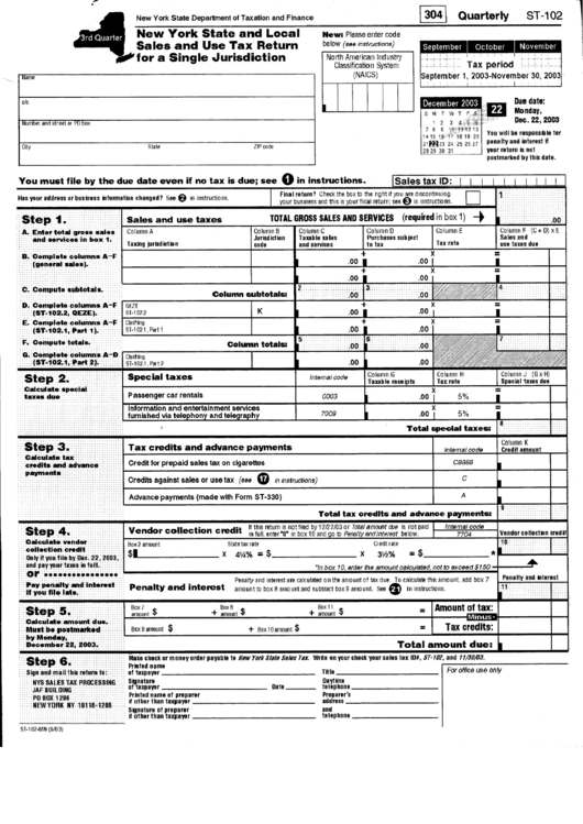 Form St-102 - New York State And Local Sales And Use Tax Return For A Single Jurisdiction Printable pdf
