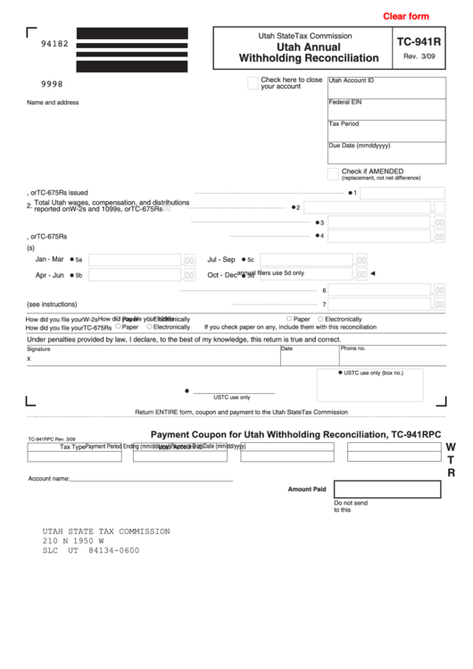 Fillable Form Tc-941r - Utah Annual Withholding Reconciliation Printable pdf