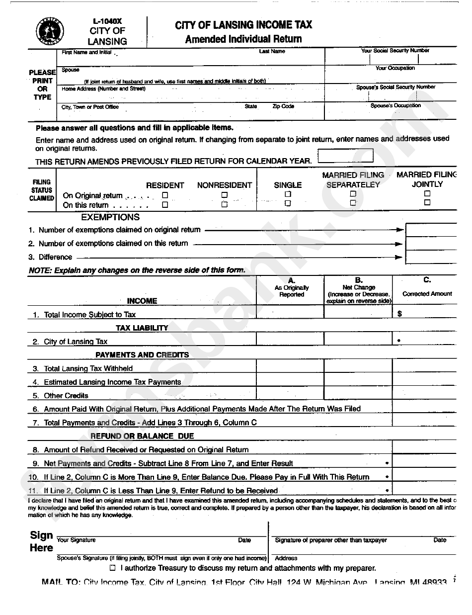 Form L 1040x City Of Lansing Income Tax Amended Individual Return 