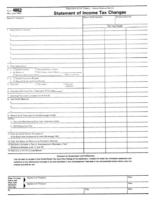 Form 4862 - Statement Of Income Changes - 1986 Printable pdf