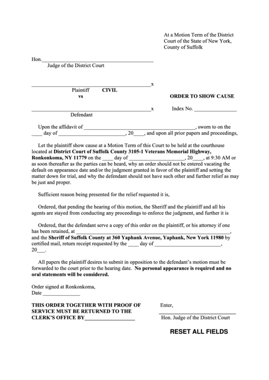 Fillable Civil Order To Show Cause State Of New York printable pdf