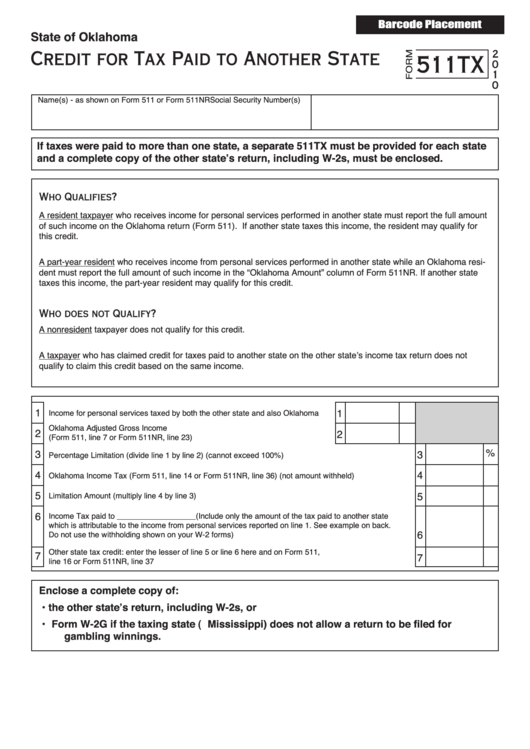 Form 511tx - Credit For Tax Paid To Another State - 2010 Printable pdf