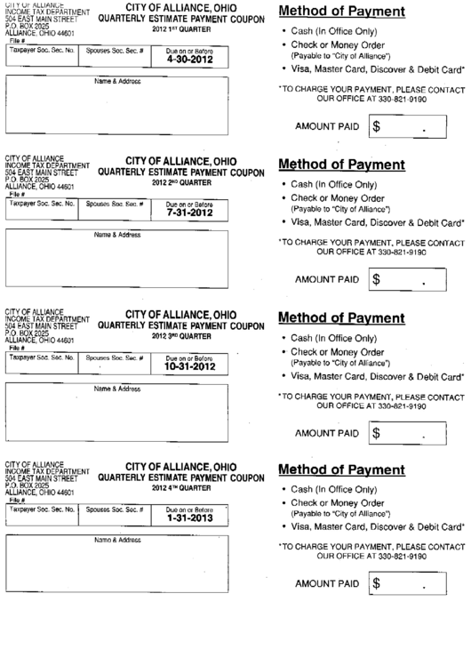 Quarterly Estimated Payment Coupon - City Of Alliance, Ohio - 2012 Printable pdf