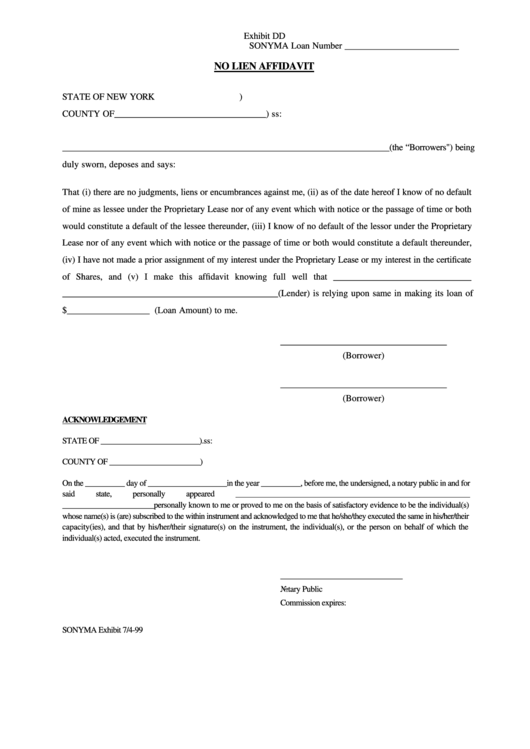 Fillable No Lien Affidavit Form Printable pdf