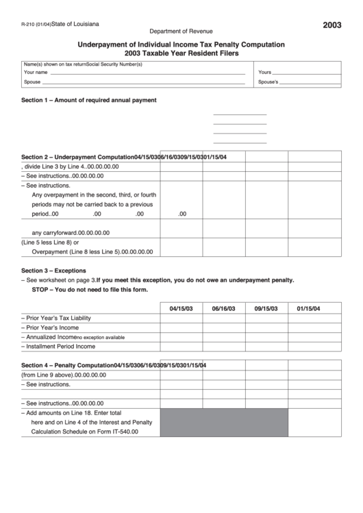 Fillable Form R-210 - Underpayment Of Individual Income Tax Penalty Computation Taxable Year Resident Filers - 2003 Printable pdf