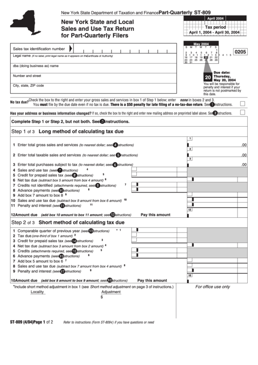 Form St-809 -Sales And Use Tax Return For Part-Quarterly Filers 2004 Printable pdf