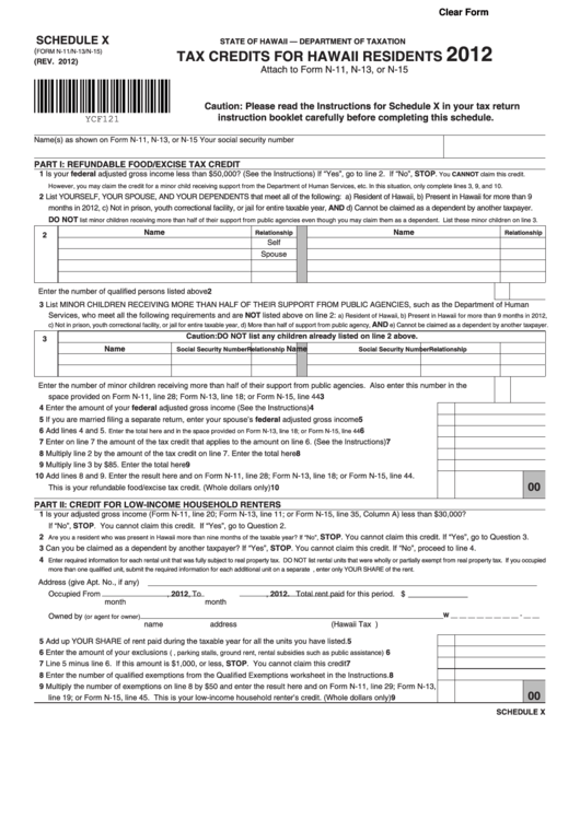 Fillable Form N-11/n-13/n-15 - Schedule X - Tax Credits For Hawaii Residents - 2012 Printable pdf