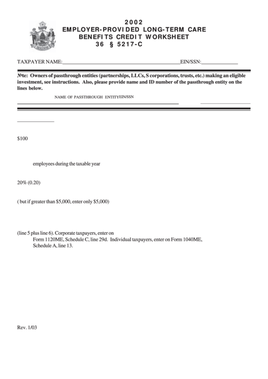 Employer-Provided Long-Term Care Benefits Credit Worksheet - 2002 Printable pdf