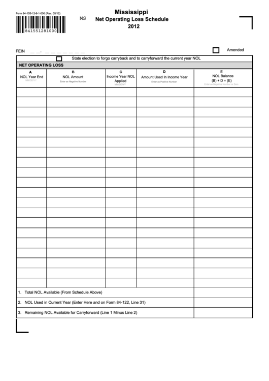 Form 84-155-12-8-1-000 - Net Operating Loss Schedule - 2012 Printable pdf