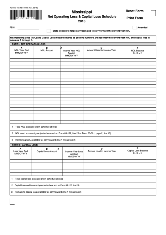 Fillable Form 83-155-16-8-1-000 - Net Operating Loss & Capital Loss Schedule - 2016 Printable pdf