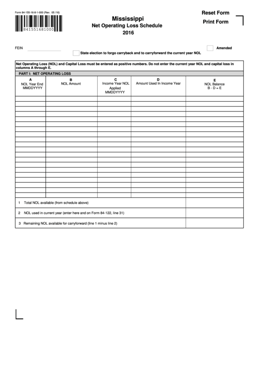 Fillable Form 84-155-16-8-1-000 - Net Operating Loss Schedule - 2016 Printable pdf