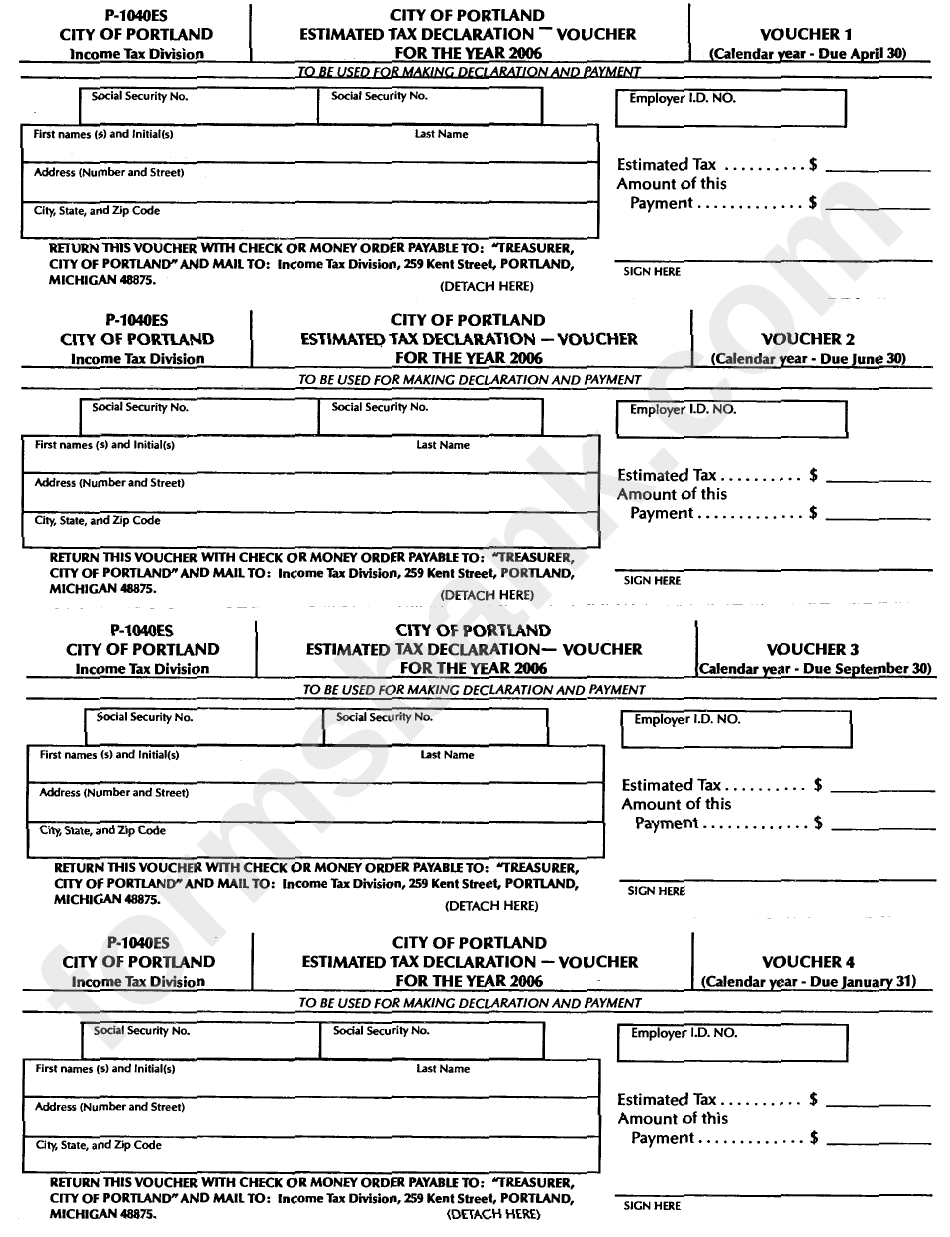 Form P-1040es - Estimated Tax Declaration Voucher - City Of Portland - 2006